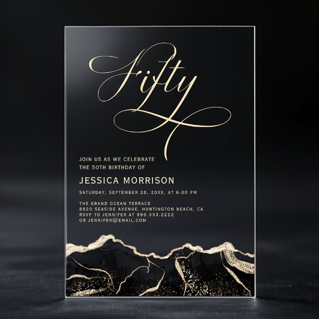 Invitaciones Acrílicas Black Gold Agate 50.ª Fiesta de los 50 Años (Subido por el creador)