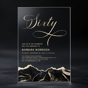 Invitaciones Acrílicas Black Gold Agate 60.ª Fiesta de Cumpleaños
