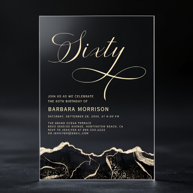 Invitaciones Acrílicas Black Gold Agate 60.ª Fiesta de Cumpleaños (Subido por el creador)