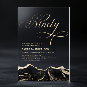 Invitaciones Acrílicas Black Gold Agate 90.ª fiesta de cumpleaños