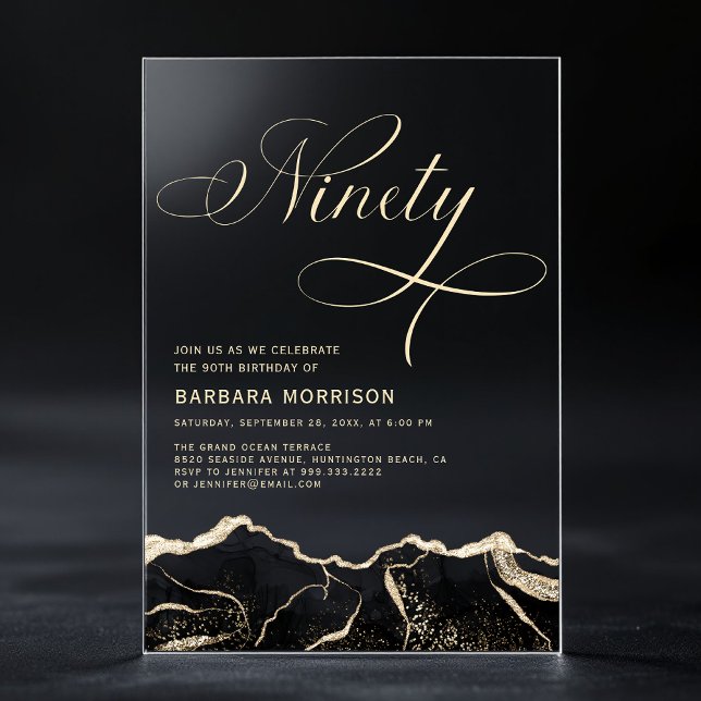 Invitaciones Acrílicas Black Gold Agate 90.ª fiesta de cumpleaños (Subido por el creador)