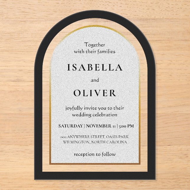 Invitaciones Acrílicas Black gold and white simplistic wedding (Anverso)