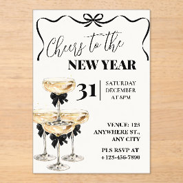 Invitaciones Acrílicas Black Gold Champagne Cheers New Years Eve Party