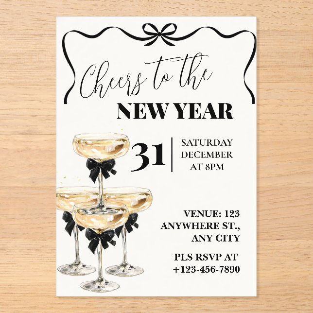 Invitaciones Acrílicas Black Gold Champagne Cheers New Years Eve Party (Anverso)