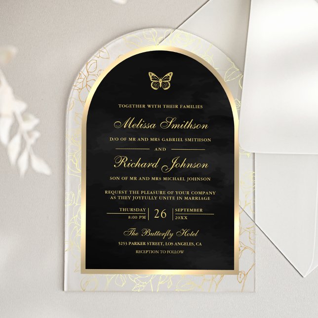 Invitaciones Acrílicas Black Gold Line Art Arch Butterfly Wedding (Subido por el creador)