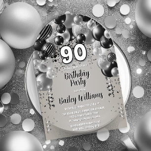Invitaciones Acrílicas Black Silver Globos 90 cumpleaños