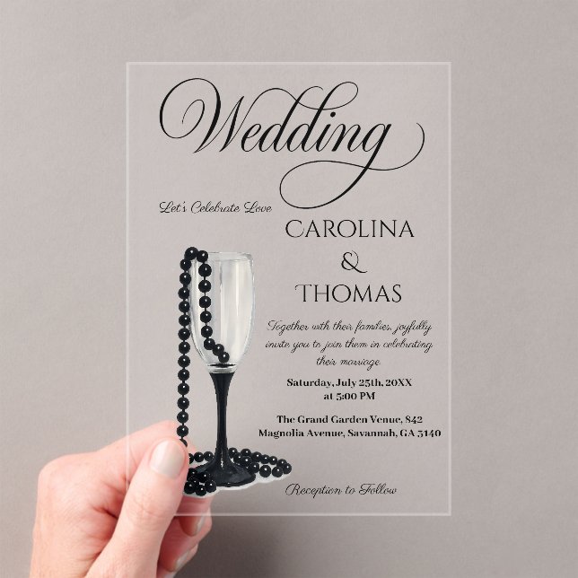 Invitaciones Acrílicas Black & White Pearl Champagne Glass Wedding (Insitu (portátil))
