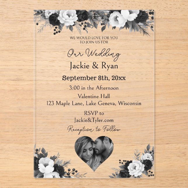 Invitaciones Acrílicas Black & White Photo Template Botanical Translucent (Anverso)
