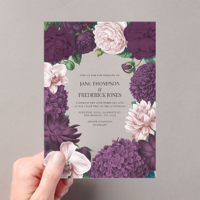 Invitaciones Acrílicas Blackberry, Smoky Plum & Lilac Ash Floral Wedding (Insitu (portátil))