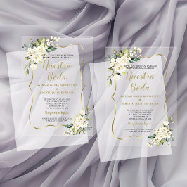 Invitaciones Acrílicas Blanca Caligrafía Española Nuestra Boda Floral Dor