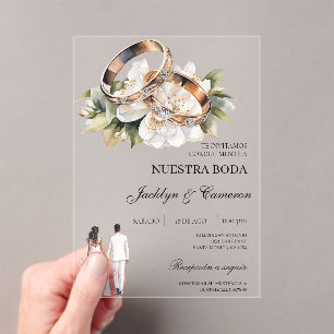 Invitaciones Acrílicas Blanca Floral con anillo Boda Española