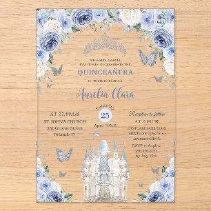 Invitaciones Acrílicas Blanco Azul Floral Princesa Castillo Quinceañera X