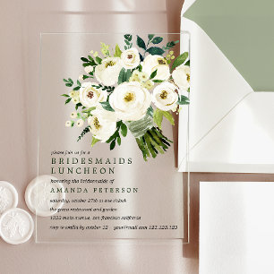 Invitaciones Acrílicas Blanco Bloom Almuerzo de Damas de Honor Bouquet