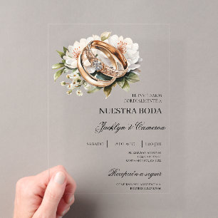 Invitaciones Acrílicas Blanco Floral con anillo Boda Española