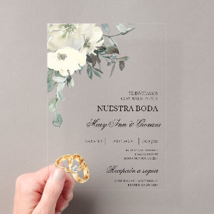 Invitaciones Acrílicas Blanco floral con anillo de oro Boda española