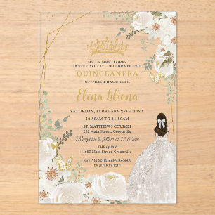 Invitaciones Acrílicas Blanco Marfil Floral Princesa Quinceañera 15 XV