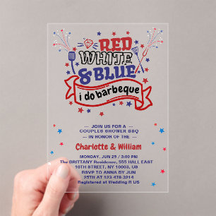Invitaciones Acrílicas Blanco Rojo y Azul do BBQ Pareja Ducha de novia