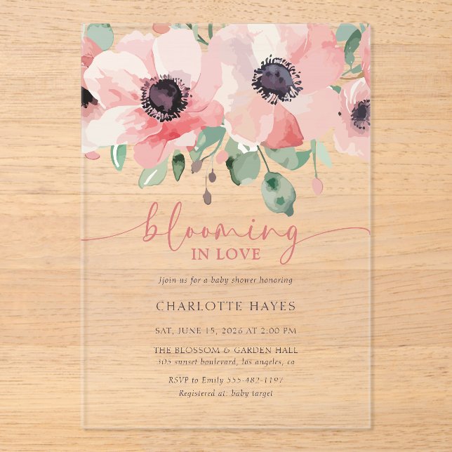 Invitaciones Acrílicas Blooming in Love Baby Shower Pink Baby Shower (Anverso)