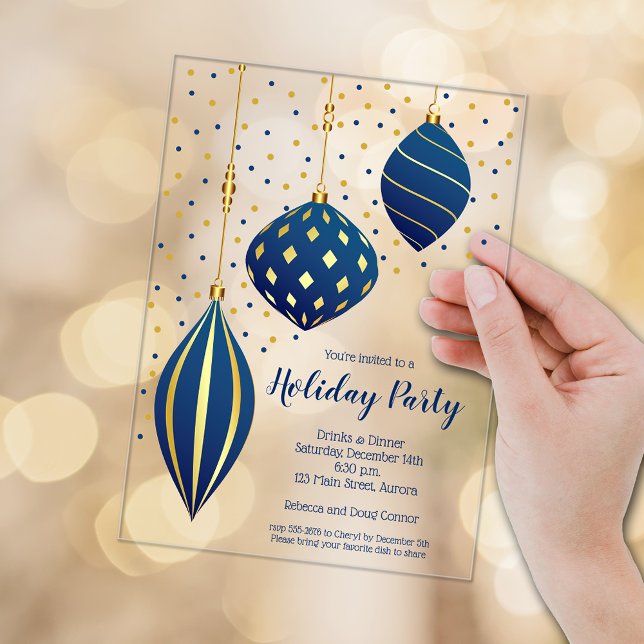 Invitaciones Acrílicas Blue and Gold Christmas Ornaments Holiday (Blue and gold Christmas tree ornaments ACRYLIC party invitations)