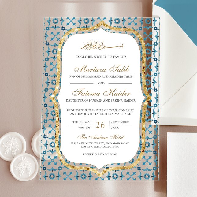 Invitaciones Acrílicas Blue and Gold Moroccan Tile Islamic Wedding  (Subido por el creador)