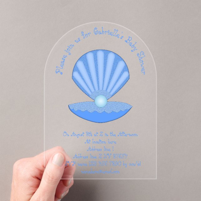 Invitaciones Acrílicas Blue Baby Boy Oyster shell y Pearl Baby Shower (Insitu (portátil))
