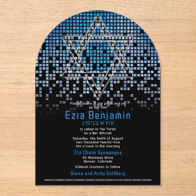 Invitaciones Acrílicas Blue Black Video Game Gamer Bar Mitzvah (Anverso)