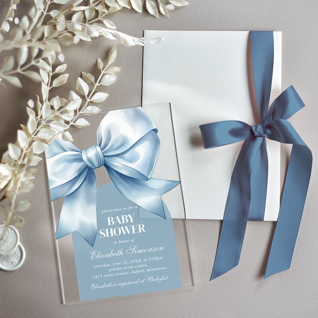 Invitaciones Acrílicas Blue Bow Baby Boy Elegant Baby Shower (Blue Bow Baby Boy Elegant Baby Shower Acrylic Invitations)