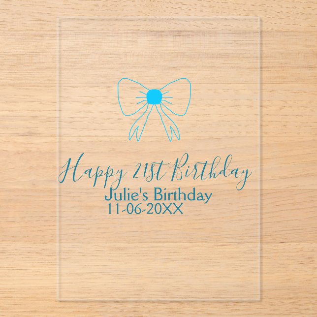 Invitaciones Acrílicas Blue bow happy 21ᵉʳ cumpleaños date (Anverso)
