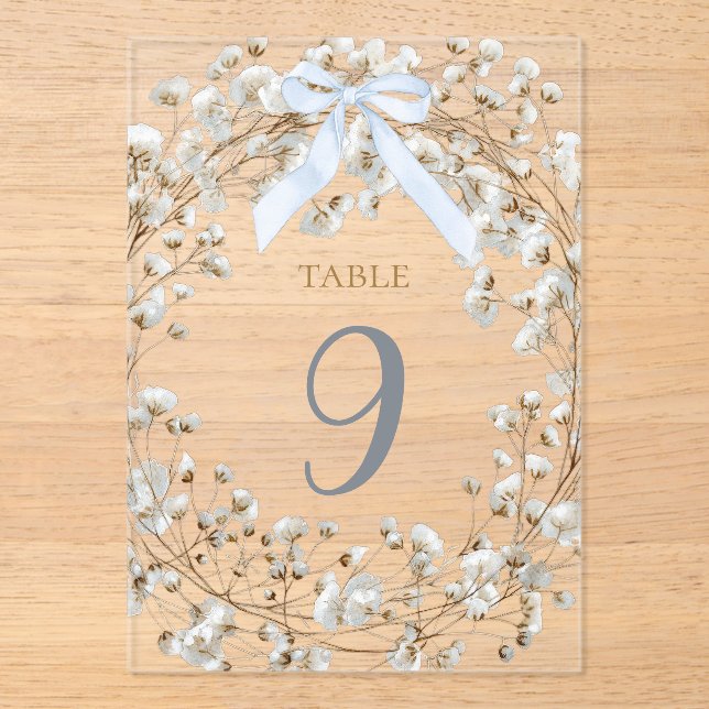 Invitaciones Acrílicas  blue bow white baby's breath flowers table number (Anverso)