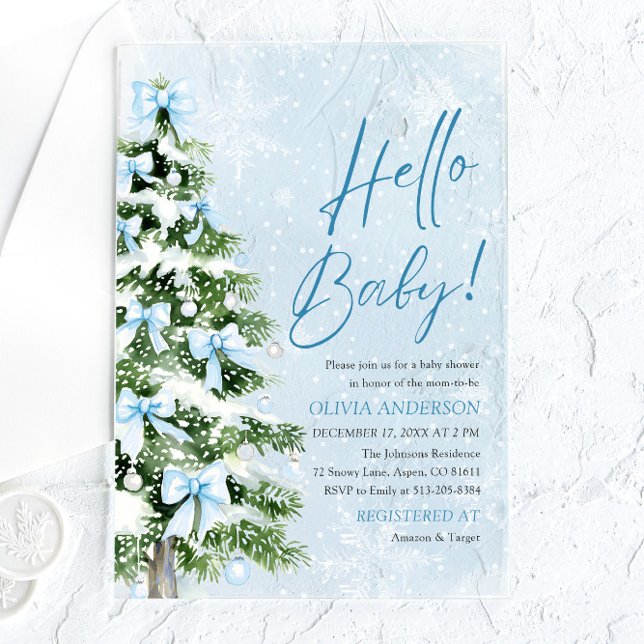 Invitaciones Acrílicas Blue Bows Árbol de Navidad Hello Baby Baby Shower (Blue Bows Christmas Tree Hello Baby Baby Shower Acrylic Invitations)