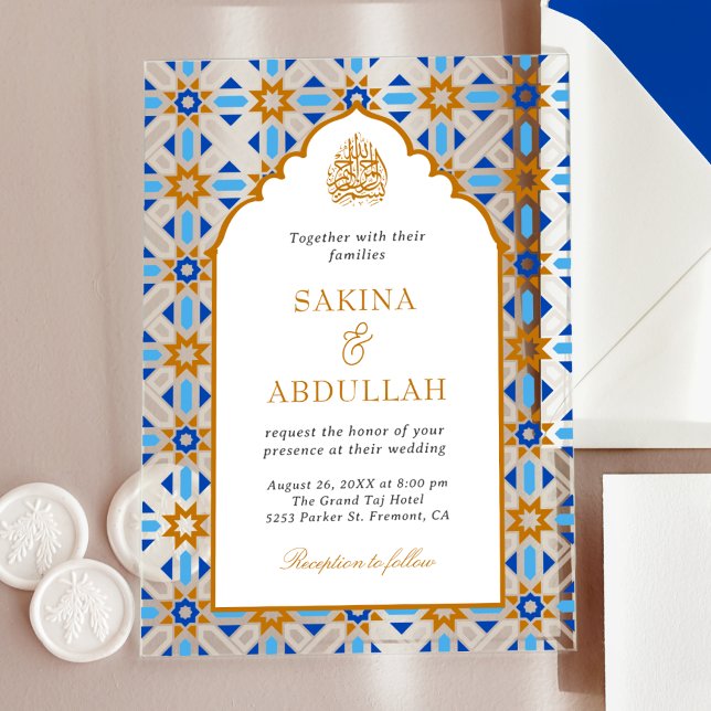 Invitaciones Acrílicas Blue Brown Persian Mosaic Muslim Wedding (Subido por el creador)