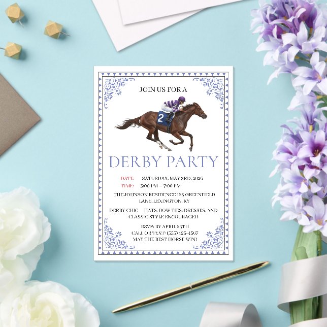 Invitaciones Acrílicas Blue Chinoiserie Horse Race Derby Party Invite (Insitu (Boda))