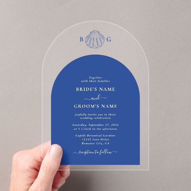 Invitaciones Acrílicas Blue Clam Seashells Coastal Seaside Beach Wedding (Insitu (portátil))