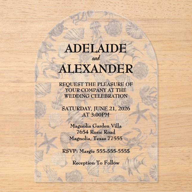 Invitaciones Acrílicas Blue Coastal Wedding (Anverso)