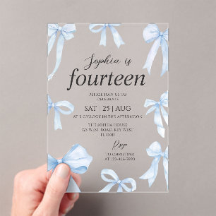 Invitaciones Acrílicas Blue Coquette Bow Chica Birday Party