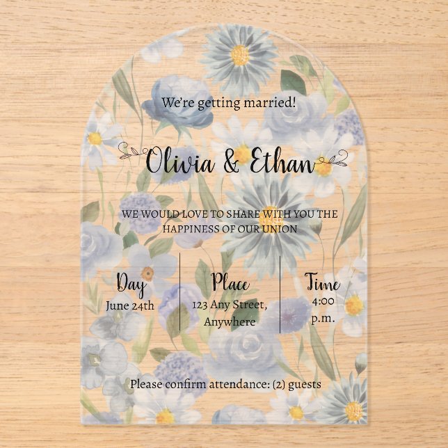 Invitaciones Acrílicas Blue Floral Acrylic Wedding Invitation (Anverso)