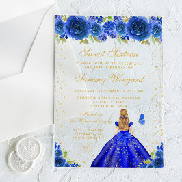 Invitaciones Acrílicas Blue Floral Blonde Hair Princess Sweet 16