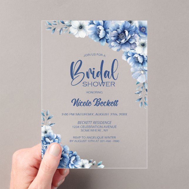 Invitaciones Acrílicas Blue Floral Bridal Shower (Insitu (portátil))
