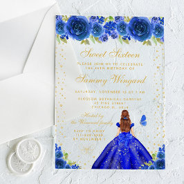 Invitaciones Acrílicas Blue Floral Brown Hair Princess Sweet 16