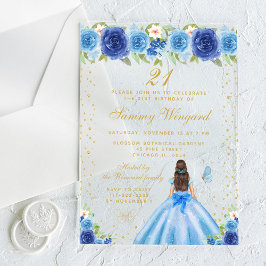 Invitaciones Acrílicas Blue Floral Brunette Hair Princess Fiesta de cumpl