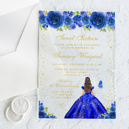 Invitaciones Acrílicas Blue Floral Brunette Hair Princess Sweet 16