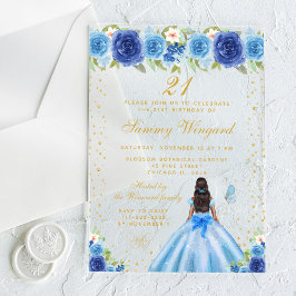 Invitaciones Acrílicas Blue Floral Dark Skine Princess Partido de Cumplea