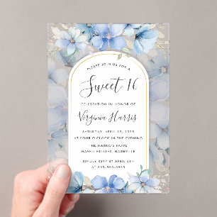 Invitaciones Acrílicas Blue Floral Garden Dulce Dieciséis Cumpleaños