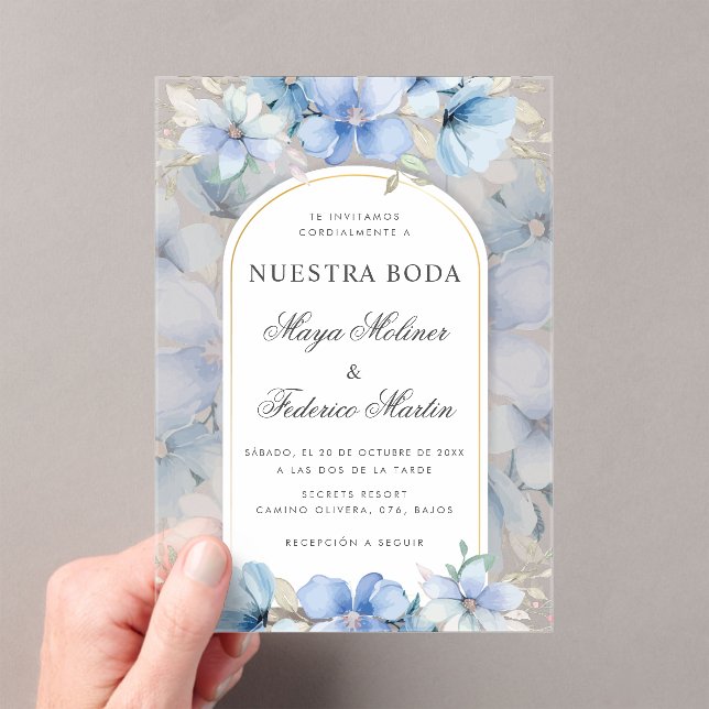 Invitaciones Acrílicas Blue Floral Garden Nuestra Boda Boda Española (Insitu (portátil))