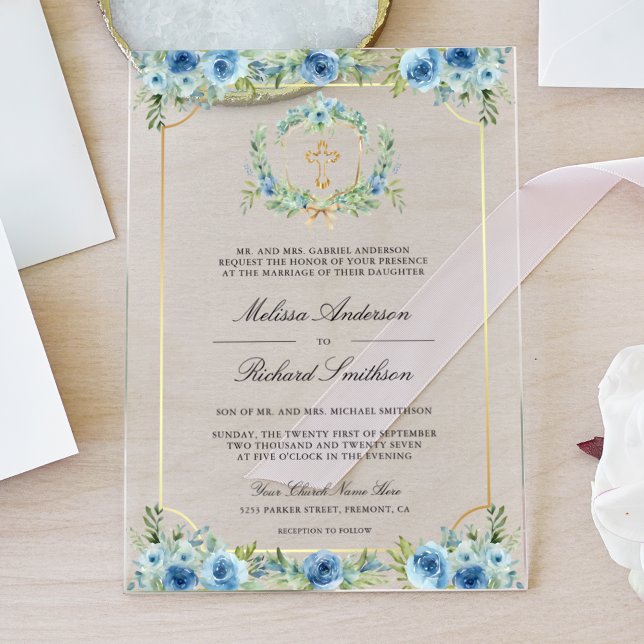 Invitaciones Acrílicas Blue Floral Gold Catholic Cross Wedding (Subido por el creador)