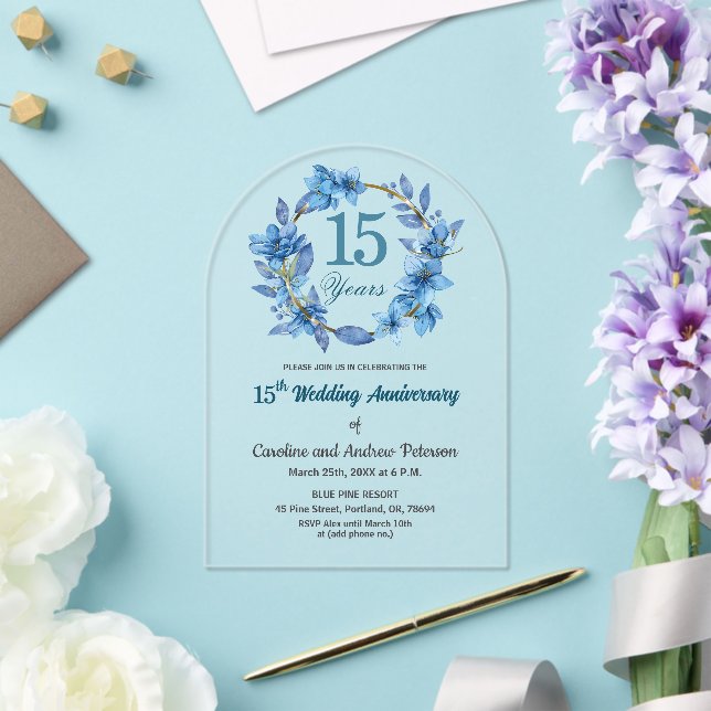 Invitaciones Acrílicas  Blue Floral Gold Frame 15th Wedding Anniversary  (Insitu (Boda))