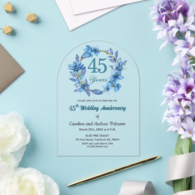 Invitaciones Acrílicas  Blue Floral Gold Frame 45th Wedding Anniversary  (Insitu (Boda))