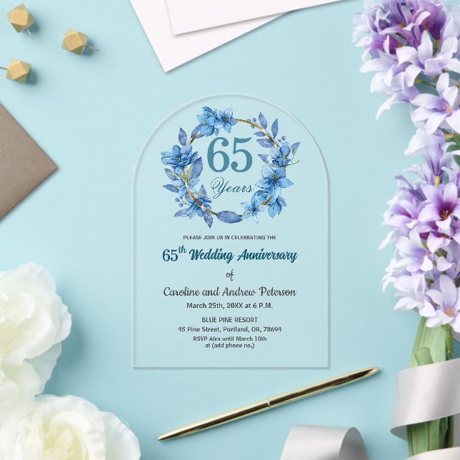 Invitaciones Acrílicas  Blue Floral Gold Frame 65th Wedding Anniversary  (Insitu (Boda))