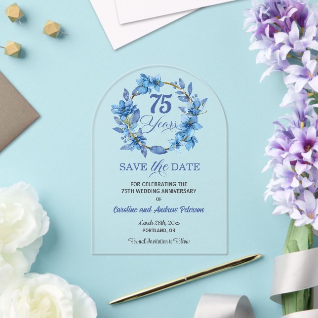 Invitaciones Acrílicas Blue Floral Gold Frame 75th Wedding Anniversary (Insitu (Boda))