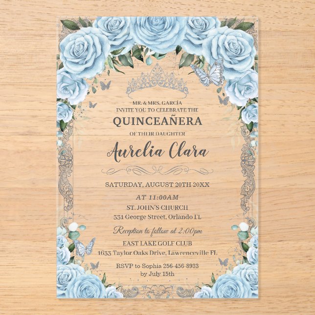 Invitaciones Acrílicas Blue Floral Silver Sweet 16 QUINCEAÑERA (Anverso)